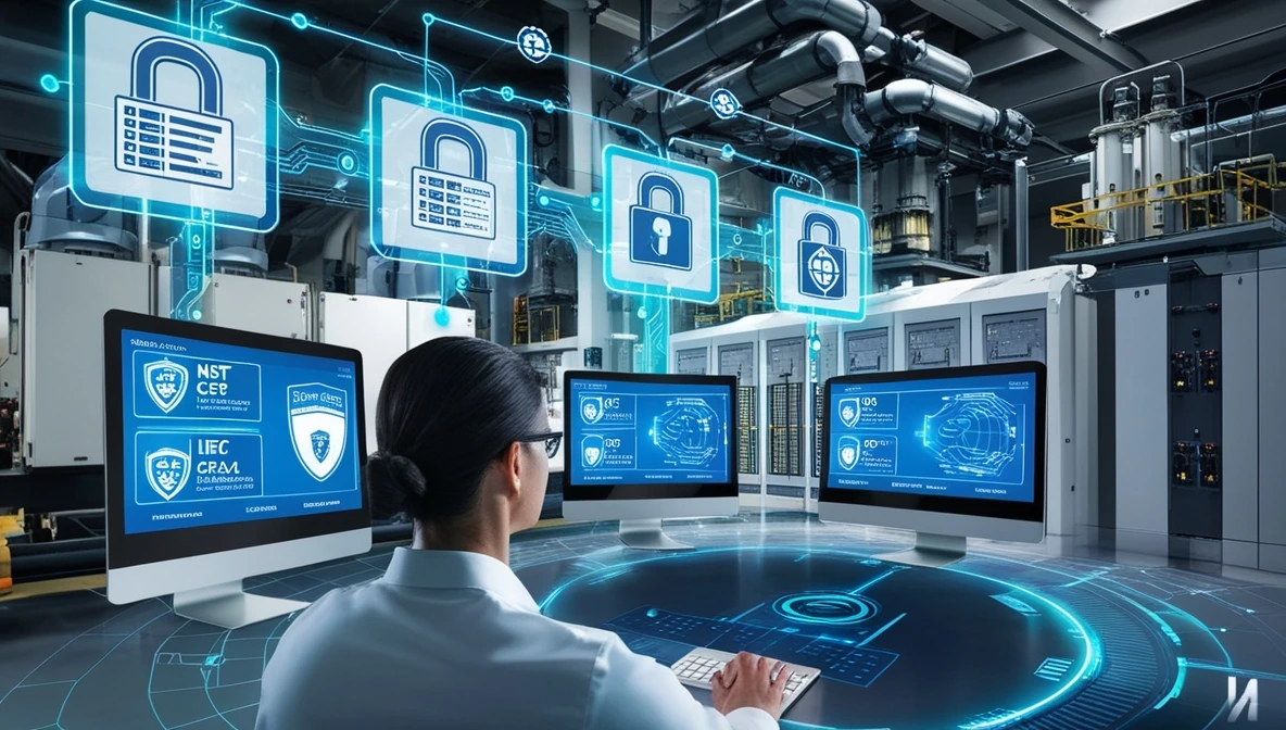 An advanced industrial facility with interconnected systems and a digital overlay of cybersecurity icons, including locks, shields, and network pathways. In the foreground, a cybersecurity professional monitors data on multiple screens displaying compliance frameworks like NIST CSF, IEC 62443, and NERC CIP. The background features industrial machinery and control panels, blending physical infrastructure with a futuristic, secure digital environment. The overall tone conveys resilience, protection, and cutting-edge cybersecurity for critical infrastructure.